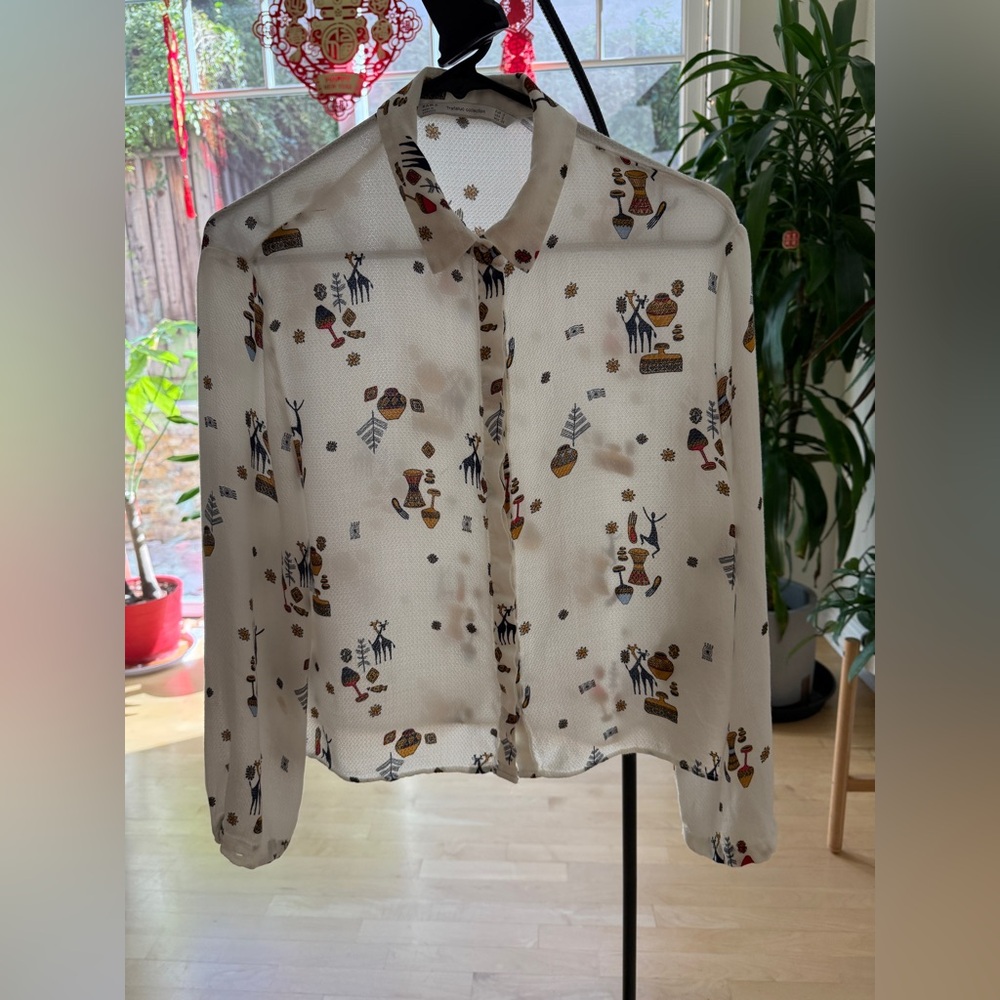 Zara Button-Up Blouse with Multicolor Tribal Motif